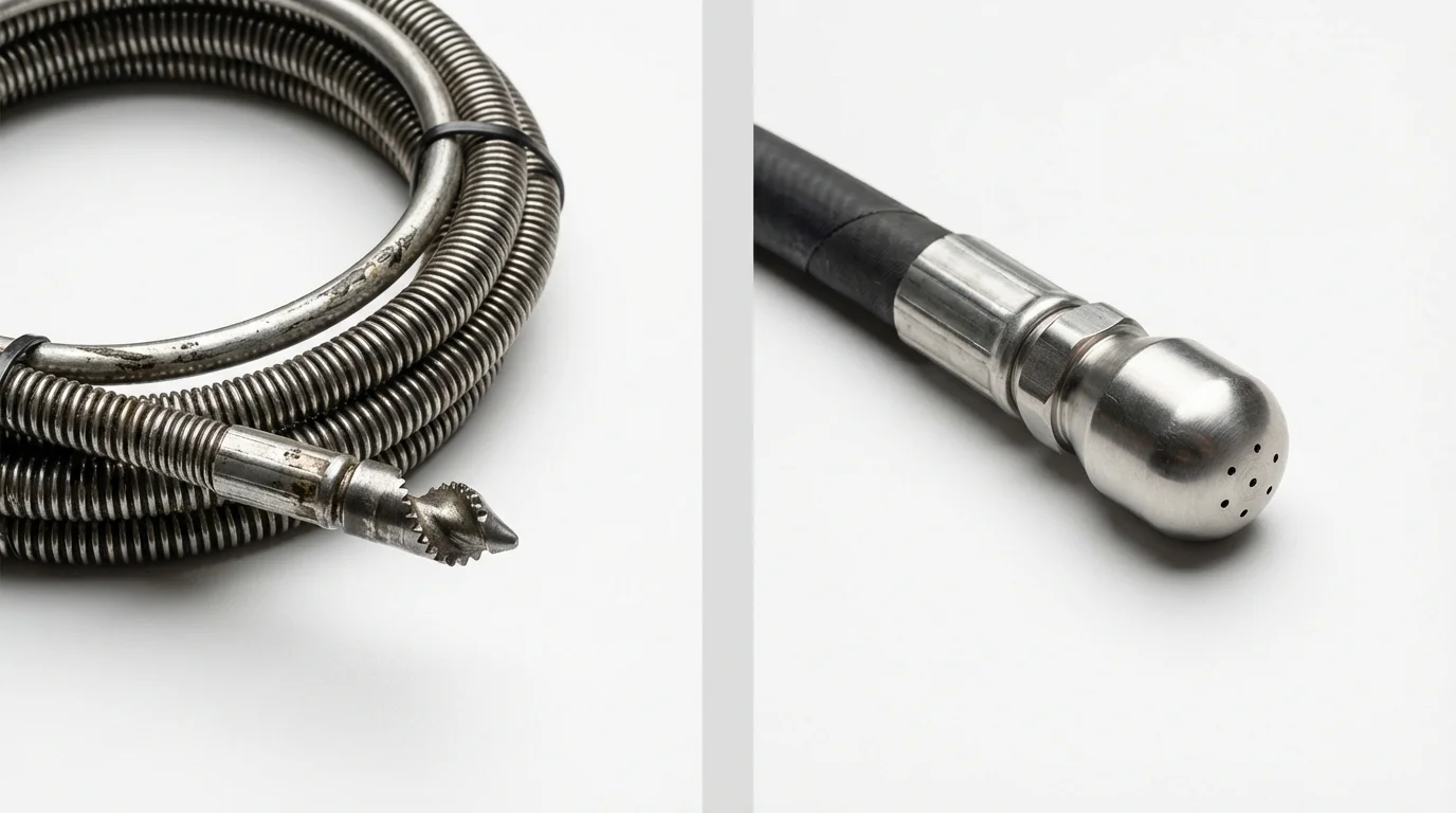 Drain snake cable and hydro jetting nozzle used for drain cleaning in Newfane, NY
